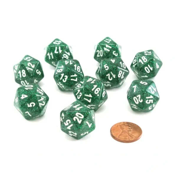 Pack of 10 D20 20mm Koplow Games Glitter Dice - Green - Your Source for Gaming Essentials New