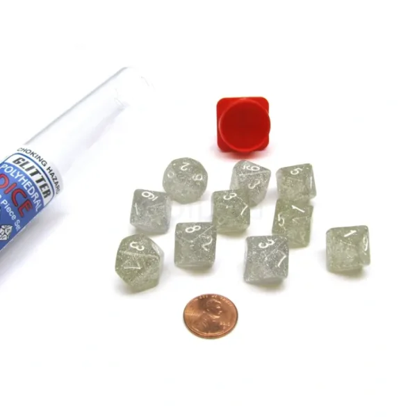Pack of 10 D10 16mm Koplow Games Glitter Dice - Clear - Your Source for Gaming Essentials Online