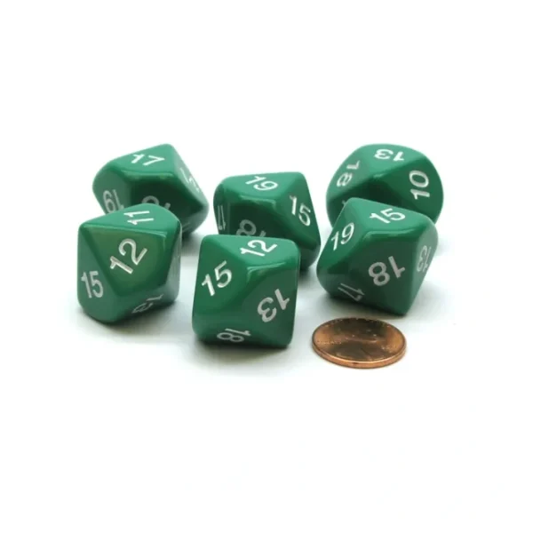 Pack of 6 D10 20mm Numbered 10 to 19 Dice - Green with White - Your Source for Gaming Essentials Fashion