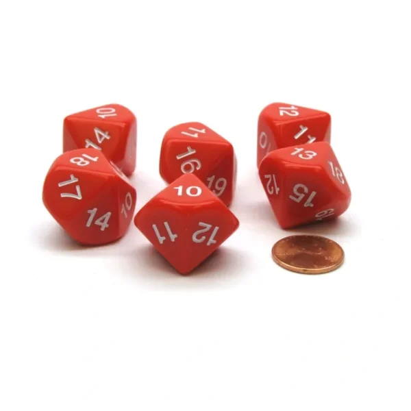 Pack of 6 D10 20mm Numbered 10 to 19 Dice - Red with White - Your Source for Gaming Essentials Best