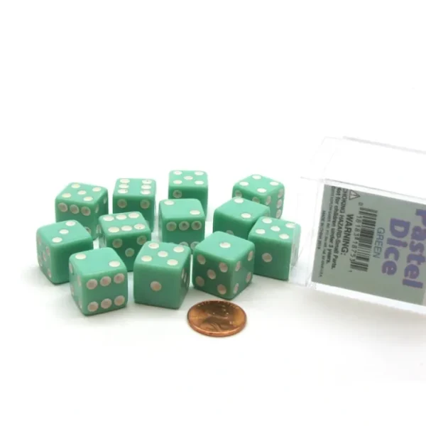Pack of 12 D6 16mm Pastel Dice in Display Storage Case - Green with White - Your Source for Gaming Essentials Flash Sale