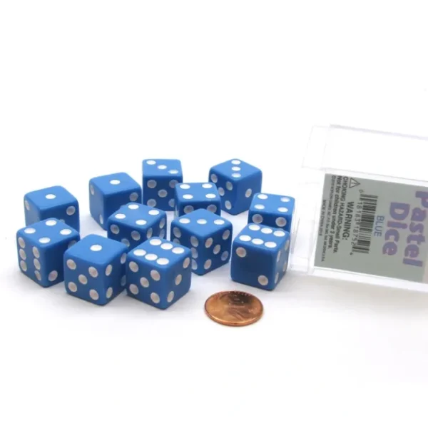 Pack of 12 D6 16mm Pastel Dice in Display Storage Case - Blue with White - Your Source for Gaming Essentials Clearance