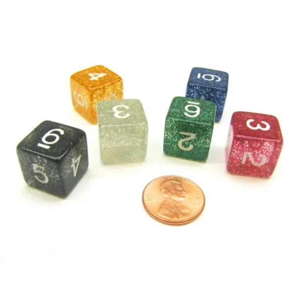 Pack of 6 D6 Number Glitter Dice - Black, Blue, Clear, Green, Purple, Yellow - Your Source for Gaming Essentials Cheap
