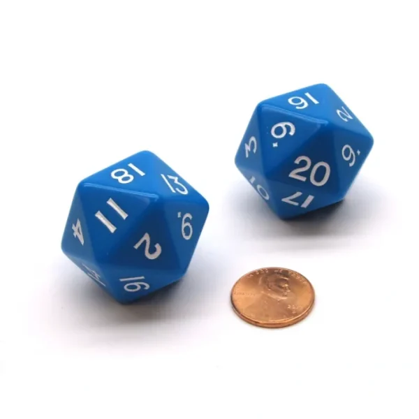 Pack of 2 D20 Opaque 29mm Jumbo Dice - Blue with White Numbers - Your Source for Gaming Essentials Outlet