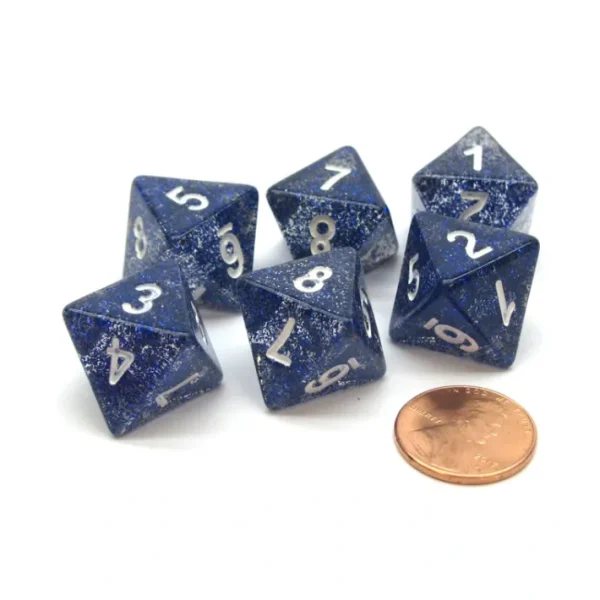 Pack of 6 D8 8-Sided Glitter Dice - Blue with White Numbers - Your Source for Gaming Essentials Cheap