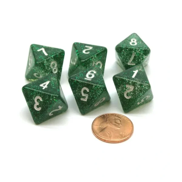 Pack of 6 D8 8-Sided Glitter Dice - Green with White Numbers - Your Source for Gaming Essentials Best Sale