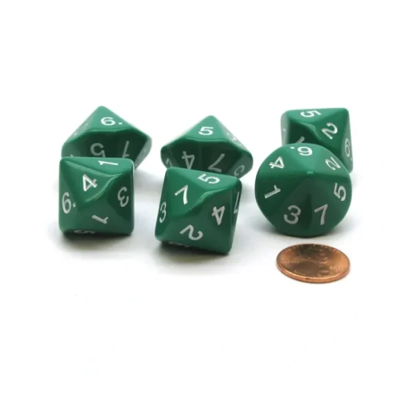Pack of 6 D7 14-Sided 20mm Numbered 1 to 7 Twice Dice - Green with White - Your Source for Gaming Essentials Store