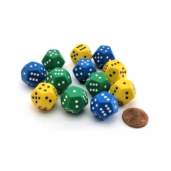 Pack of 12 D6 12-Sided Spotted 1-6 Twice Dice - 4 Each of Green Yellow Blue - Your Source for Gaming Essentials Sale