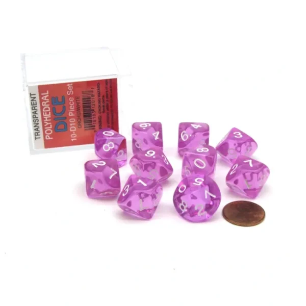 Pack of 10 D10 Transparent Dice in Display Case - Purple with White Numbers - Your Source for Gaming Essentials Store