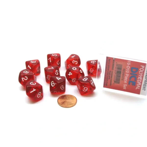 Pack of 10 D10 Transparent Dice in Display Case - Red with White Numbers - Your Source for Gaming Essentials Best