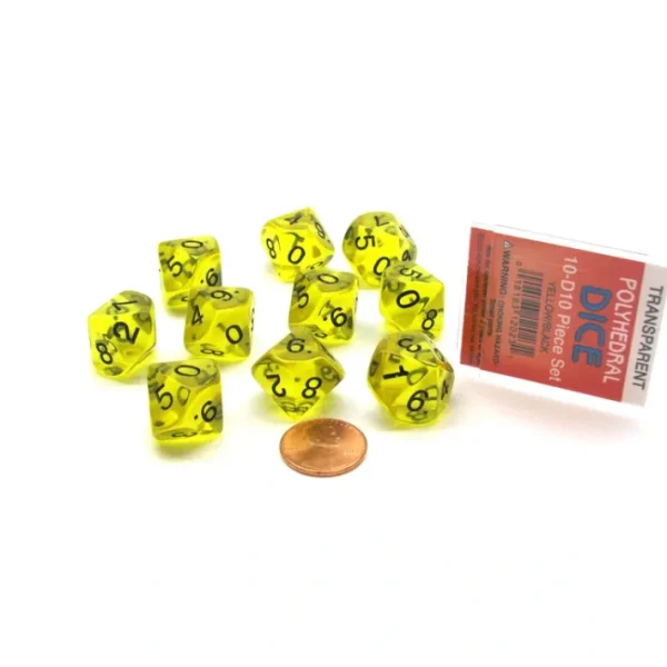 Pack of 10 D10 Transparent Dice in Display Case - Yellow with Black Numbers - Your Source for Gaming Essentials Best