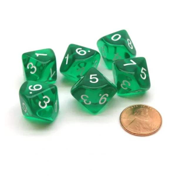 Pack of 6 D10 Transparent 10-Sided Dice - Green with White Numbers - Your Source for Gaming Essentials Shop