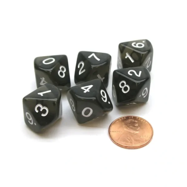 Pack of 6 D10 Transparent 10-Sided Dice - Smoke (Black) with White Numbers - Your Source for Gaming Essentials New
