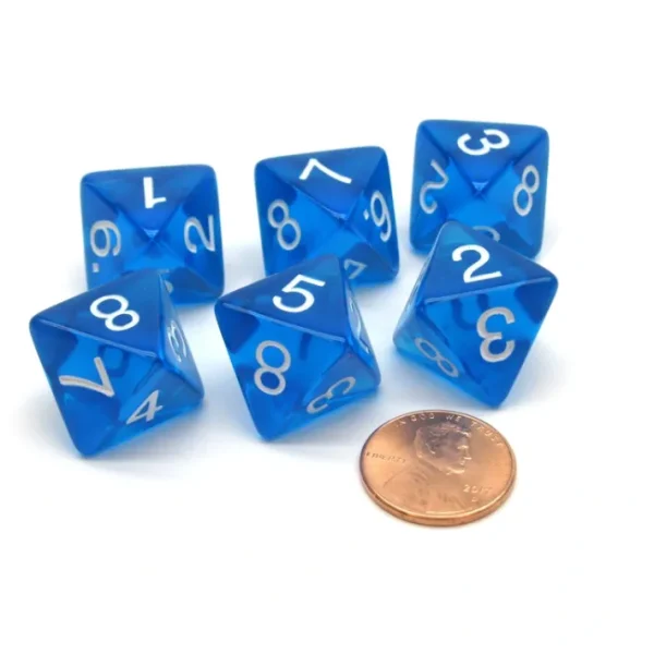 Pack of 6 D8 Transparent 8-Sided Dice - Blue with White Numbers - Your Source for Gaming Essentials Online