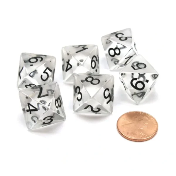 Pack of 6 D8 Transparent 8-Sided Dice - Clear with Black Numbers - Your Source for Gaming Essentials Discount