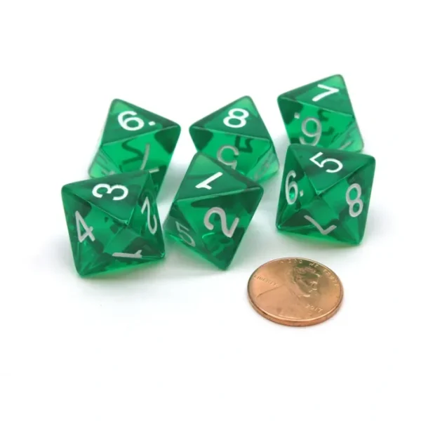 Pack of 6 D8 Transparent 8-Sided Dice - Green with White Numbers - Your Source for Gaming Essentials Flash Sale