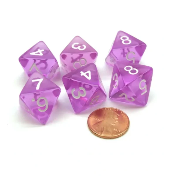 Pack of 6 D8 Transparent 8-Sided Dice - Purple with White Numbers - Your Source for Gaming Essentials Hot