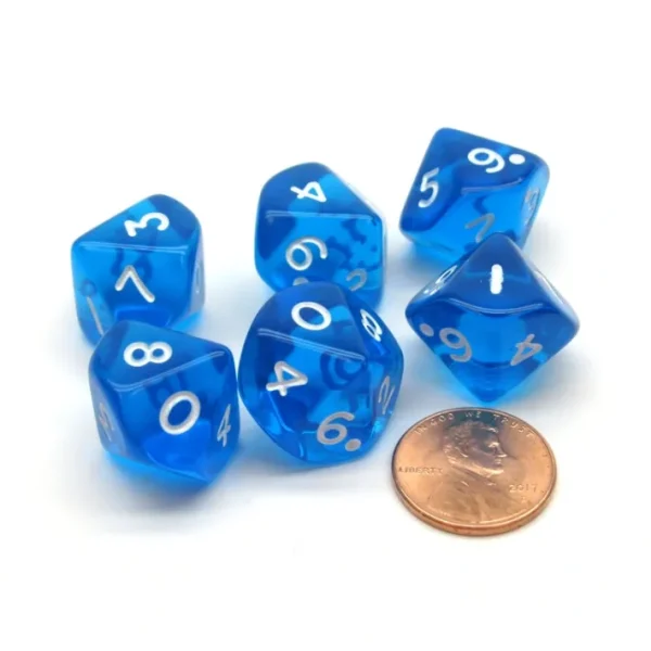Pack of 6 D10 Transparent 10-Sided Dice - Blue with White Numbers - Your Source for Gaming Essentials Cheap