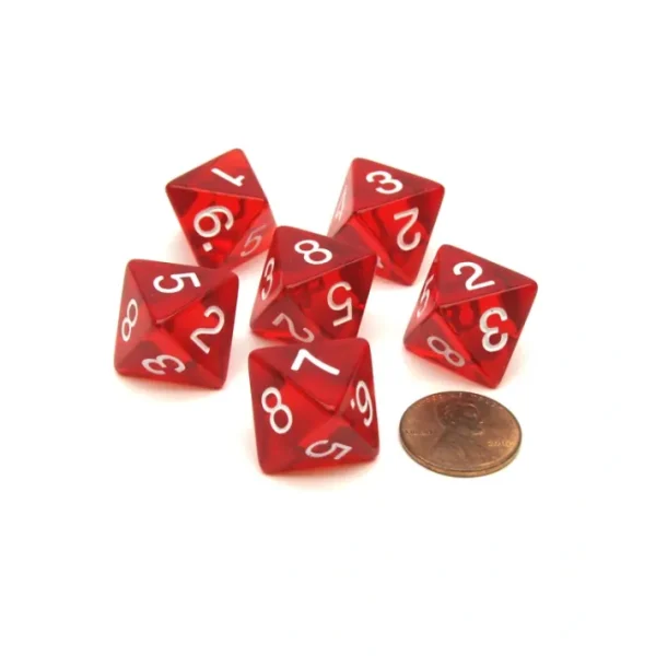 Pack of 6 D8 Transparent 8-Sided Dice - Red with White Numbers - Your Source for Gaming Essentials Cheap