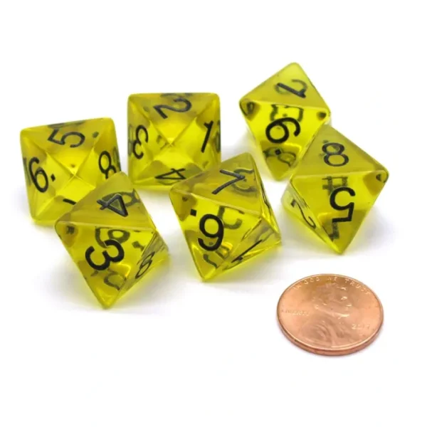 Pack of 6 D8 Transparent 8-Sided Dice - Yellow with Black Numbers - Your Source for Gaming Essentials Sale