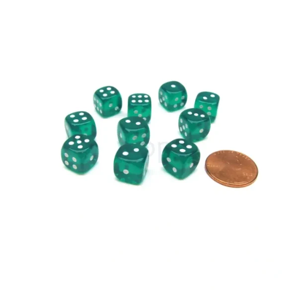 Pack of 10 Deluxe Round Edge Small 10mm Transparent D6 Dice - Green - Your Source for Gaming Essentials New