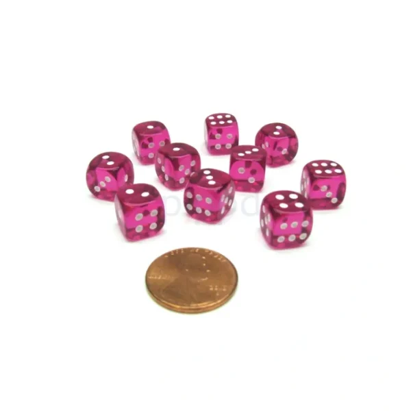Pack of 10 Deluxe Round Edge Small 10mm Transparent D6 Dice - Magenta - Your Source for Gaming Essentials Clearance