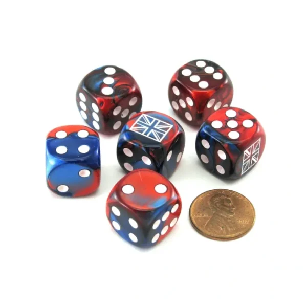 Pack of 6 Gemini Axis and Allies 16mm D6 United Kingdom Dice - Blue-Red w White - Your Source for Gaming Essentials Cheap