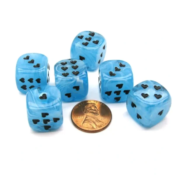Pack of 6 Heart Cirrus 16mm D6 Chessex Dice - Light Blue with Black Pips - Your Source for Gaming Essentials Hot