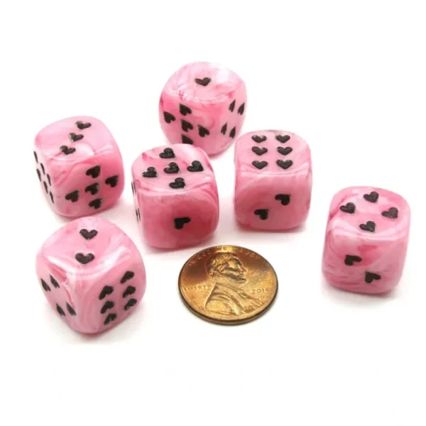 Pack of 6 Heart Cirrus 16mm D6 Chessex Dice - Pink with Black Pips - Your Source for Gaming Essentials Clearance