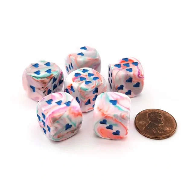 Pack of 6 Heart Dice, Festive 16mm D6 Dice - Pop Art with Blue Hearts - Your Source for Gaming Essentials Store