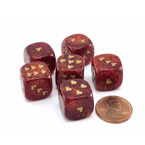 Pack of 6 Heart Dice, Glitter 16mm D6 Dice - Ruby Red with Gold Hearts - Your Source for Gaming Essentials Shop