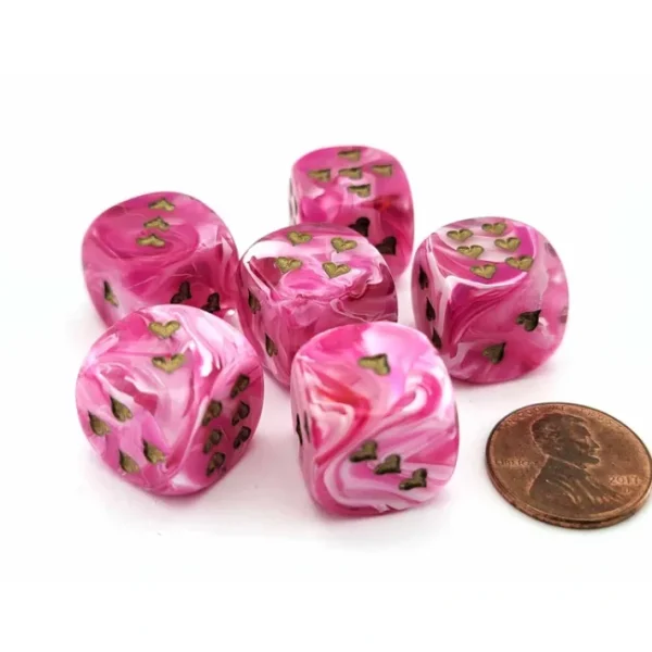 Pack of 6 Heart Dice, Vortex 16mm D6 Dice - Pink with Gold Hearts - Your Source for Gaming Essentials Clearance