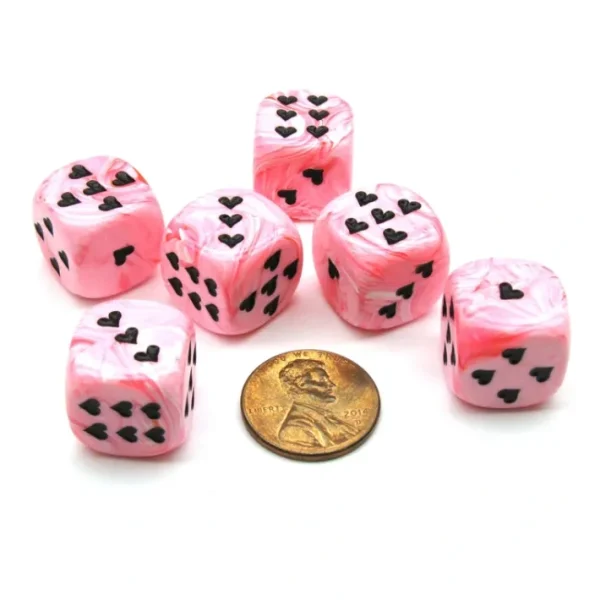Pack of 6 Heart 'Ice Cream' 16mm D6 Chessex Dice - Pink with Black Hearts - Your Source for Gaming Essentials Flash Sale