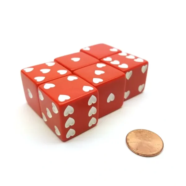 Pack of 6 Heart Pip D6 25mm Large Jumbo Love Dice - Red with White Hearts - Your Source for Gaming Essentials Clearance