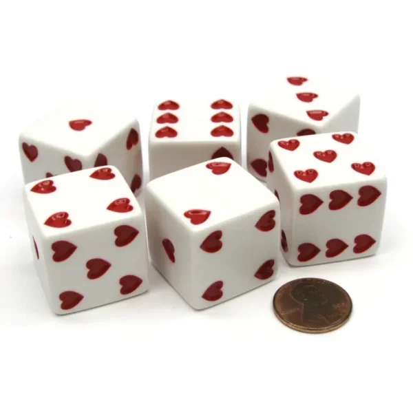 Pack of 6 Heart Pip D6 25mm Large Jumbo Love Dice - White with Red Hearts - Your Source for Gaming Essentials Flash Sale