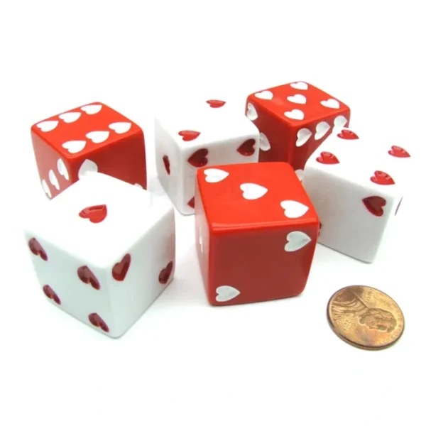 Pack of 6 Heart Pip D6 25mm Large Jumbo Love Dice - 3 Red and 3 White - Your Source for Gaming Essentials Store