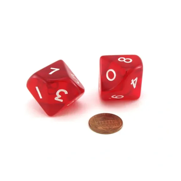 Pack of 2 Jumbo 25mm D10 (0-9) Transparent Dice - Red with White Numbers - Your Source for Gaming Essentials Shop