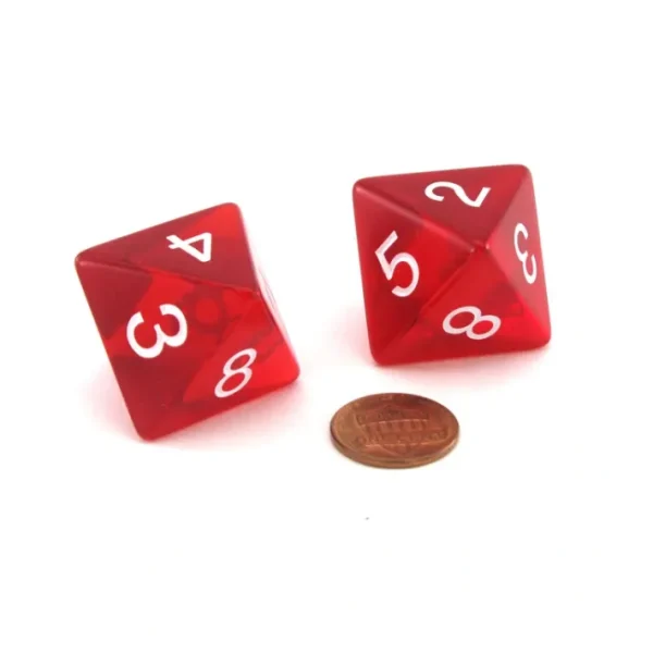 Pack of 2 Jumbo 25mm D8 Transparent Dice - Red with White Numbers - Your Source for Gaming Essentials New