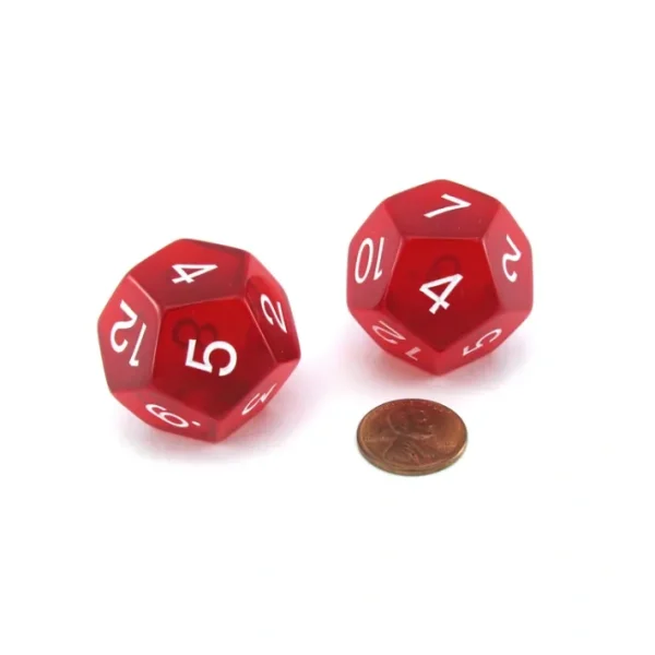 Pack of 2 Jumbo 29mm D12 Transparent Dice - Red with White Numbers - Your Source for Gaming Essentials Cheap