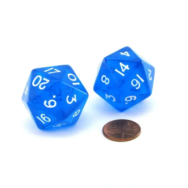Pack of 2 Jumbo 29mm D20 Transparent Dice - Blue with White Numbers - Your Source for Gaming Essentials Best
