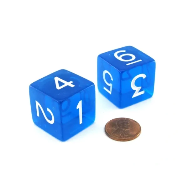Pack of 2 Jumbo 25mm D6 Transparent Dice - Blue with White Numbers - Your Source for Gaming Essentials Outlet