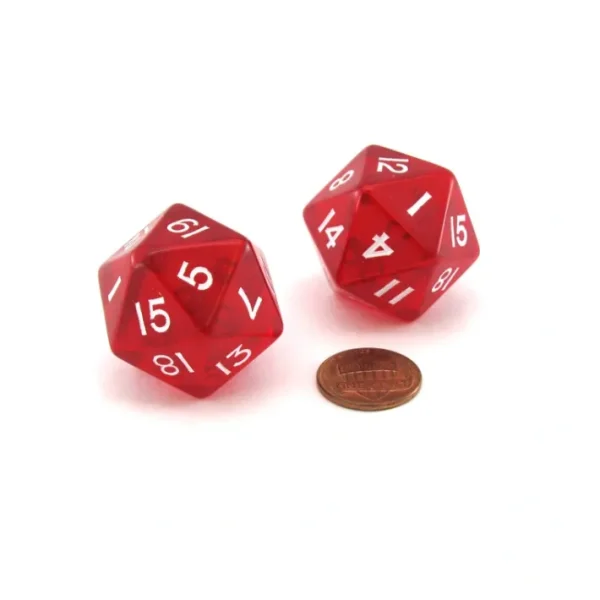 Pack of 2 Jumbo 29mm D20 Transparent Dice - Red with White Numbers - Your Source for Gaming Essentials Cheap