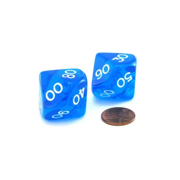 Pack of 2 Jumbo 25mm Tens D10 (00-90) Transparent Dice - Blue with White Numbers - Your Source for Gaming Essentials Hot