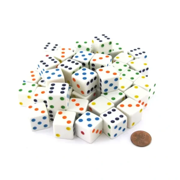 Pack of 50 Large D6 Square Opaque 19mm Dice - White with Multicolor Pip - Your Source for Gaming Essentials Best