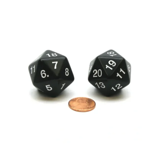 Pack of 2 Large 30mm Countdown D20 Dice - Black with White - Your Source for Gaming Essentials Online