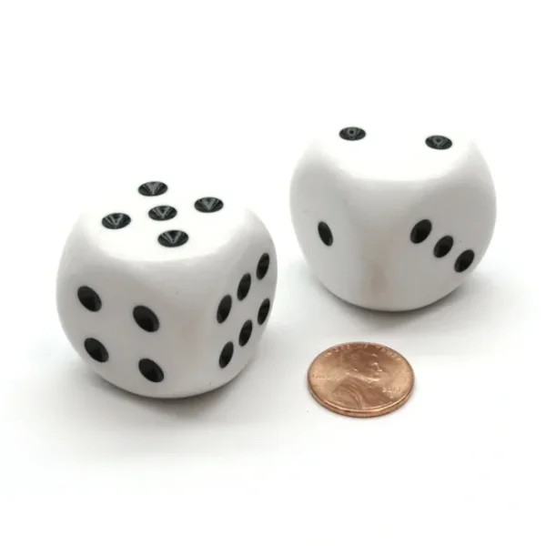 Pack of 2 Large 32mm Round Corner Opaque Dice - White with Black - Your Source for Gaming Essentials Cheap
