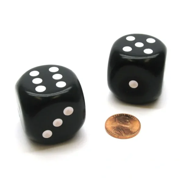 Pack of 2 Large 32mm Round Corner Opaque Dice - Black with White - Your Source for Gaming Essentials Cheap