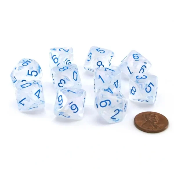 Pack of 10 Luminary Borealis 16mm D10 Dice - Icicle with Light Blue Numbers - Your Source for Gaming Essentials Store
