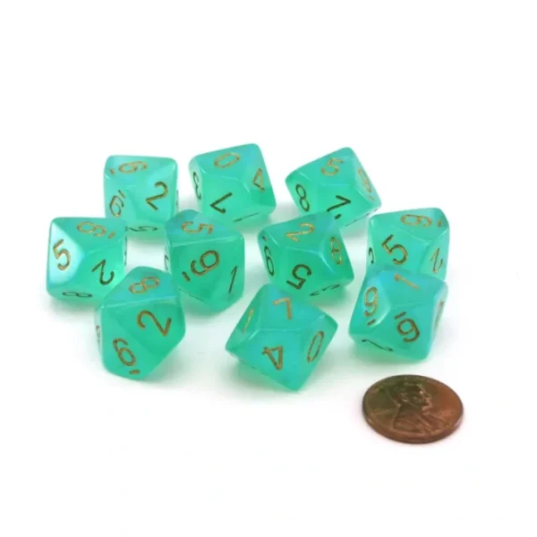 Pack of 10 Luminary Borealis 16mm D10 Dice - Light Green with Gold Numbers - Your Source for Gaming Essentials Flash Sale