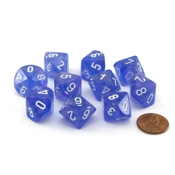 Pack of 10 Luminary Borealis 16mm D10 Dice - Purple with White Numbers - Your Source for Gaming Essentials Outlet